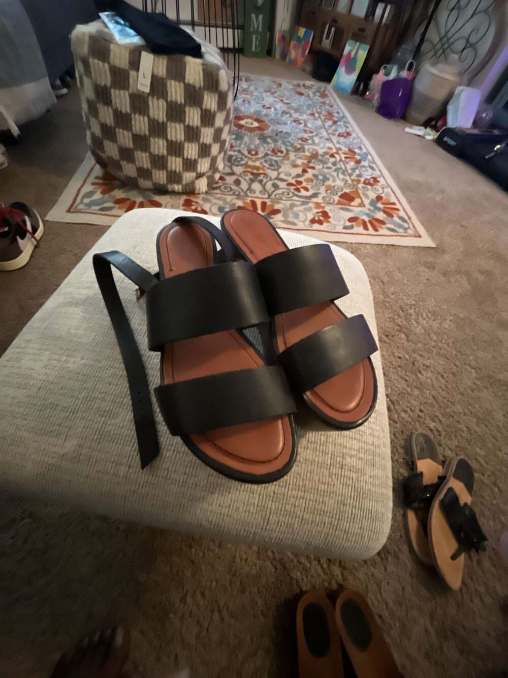 Elizabeth and James Black Leather Double Strap Platform Sandals